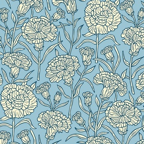 Flower Blossoms Carnation / Light Blue Version / Large Scale, Wallpaper