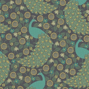 Peacocks and Flowers - Teal, Green and Yellow  - Large Scale