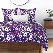 super retro 60s scandinavian dark purple cream florals 60s 70s hippie era retro wallpaper groovy bedding