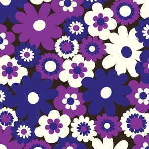 super retro 60s scandinavian dark purple cream florals 60s 70s hippie era retro wallpaper groovy bedding