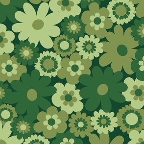 green retro 60s scandinavian dark green hues florals 60s 70s hippie era retro wallpaper groovy bedding