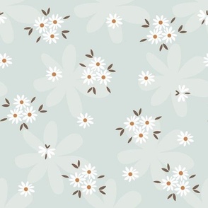Large Scale // Daisy Ditsy Floral with Butterflies on Light Muted Aqua