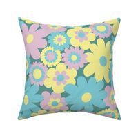 80s pastel floral super retro pastel pink green yellow on a teal green background - flower power movement