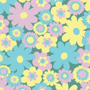 80s pastel floral super retro pastel pink green yellow on a teal green background - flower power movement