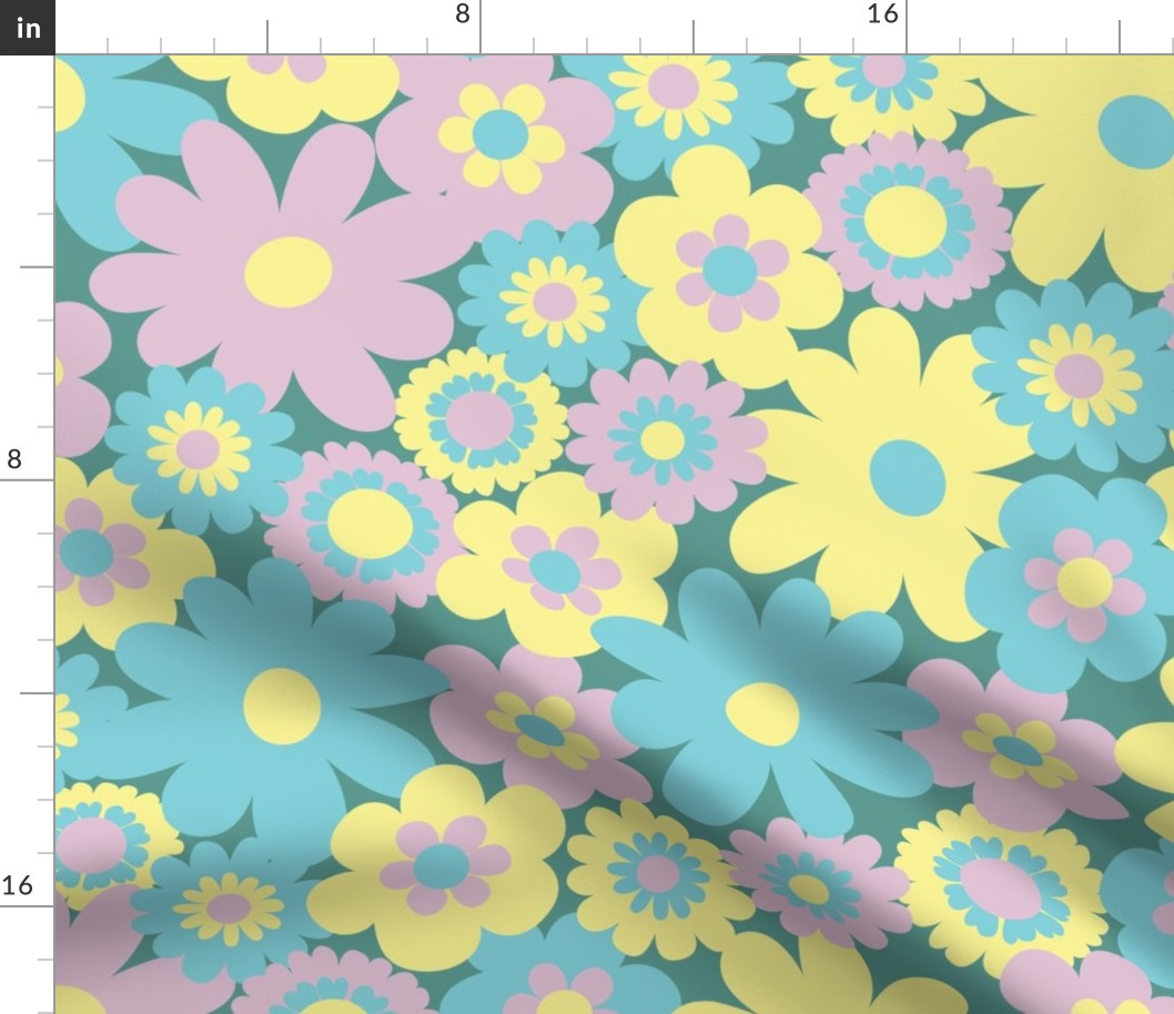 80s pastel floral super retro pastel pink green yellow on a teal green background - flower power movement