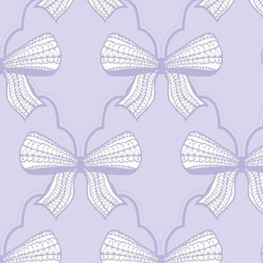 White bow purple lavender lilac, lace knitted, texture freehand drawing, vintage style. classic textile ornament. 