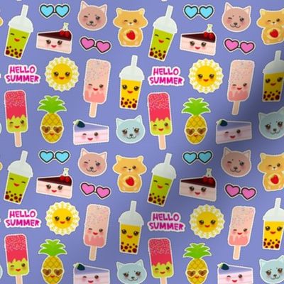 Hello Summer bright tropical seamless pattern design, fashion patches badges stickers. Pineapple, cherry smoothie cup, ice cream, sun, cat, cake, hamster. Kawaii cute face. lilac background. Vector illustration