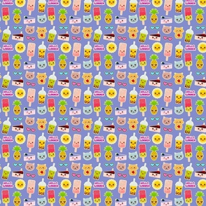 Hello Summer bright tropical seamless pattern design, fashion patches badges stickers. Pineapple, cherry smoothie cup, ice cream, sun, cat, cake, hamster. Kawaii cute face. lilac background. Vector illustration