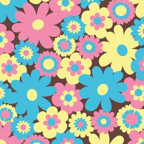 80s pastel floral super retro pastel pink blue yellow on a brown background - flower power movement