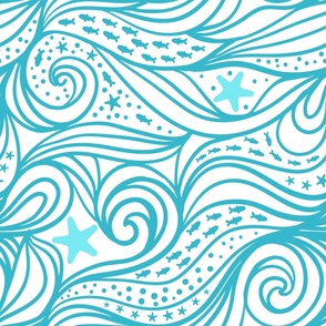 Ocean waves with fishes and sea stars, light blue