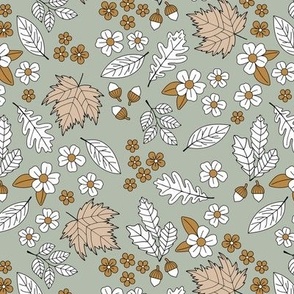 Botanical fall garden - acorns and leaves for the autumn seasonal with tiny flowers white beige ochre on sage green