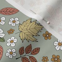 Botanical fall garden - acorns and leaves for the autumn seasonal with tiny flowers rust sage green moody coral autumn palette