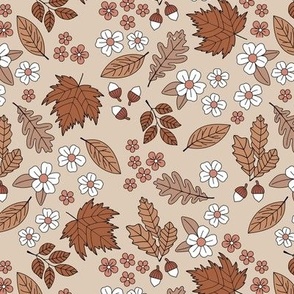 Botanical fall garden - acorns and leaves for the autumn seasonal with tiny flowers soft beige rust copper on tan