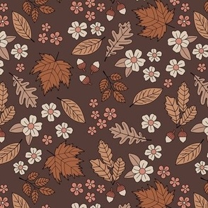 Botanical fall garden - acorns and leaves for the autumn seasonal with tiny flowers rust brown beige tan on chocolate