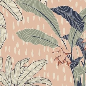  Tropical Rain exotic palms// tropical trees pink , blue and sage Green//large scale// wallpaper// fabric//home decor 