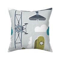 Sky is the limit // large jumbo scale // bunny grey background hale navy bali blue split pea green and peacock blue vintage airplanes in the clouds // kids room boys nursery