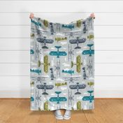 Sky is the limit // large jumbo scale // bunny grey background hale navy bali blue split pea green and peacock blue vintage airplanes in the clouds // kids room boys nursery