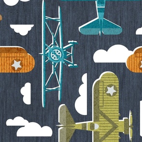 Large jumbo scale // Sky is the limit // hale navy background peacock blue split pea green and west side orange vintage airplanes in the clouds // kids room boys nursery