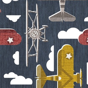 Large jumbo scale // Sky is the limit // hale navy background martini brown nugget yellow and apple blossom red vintage airplanes in the clouds // kids room boys nursery