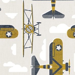 Large jumbo scale // Sky is the limit // beige background hale navy and nugget yellow vintage airplanes in the clouds // kids room boys nursery