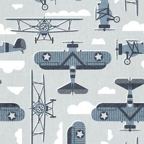 Normal scale // Sky is the limit // bunny grey background hale navy bali blue vintage airplanes in the clouds // kids room boys nursery