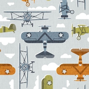 Normal scale // Sky is the limit // bunny grey background hale navy bali blue split pea green and west side orange vintage airplanes in the clouds // kids room boys nursery