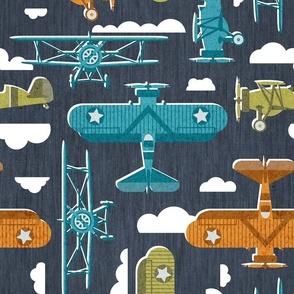 Normal scale // Sky is the limit // hale navy background peacock blue split pea green and west side orange vintage airplanes in the clouds // kids room boys nursery