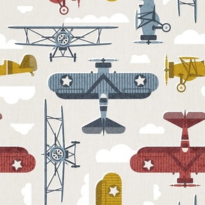 Normal scale // Sky is the limit // beige background hale navy bali blue nugget yellow and apple blossom red vintage airplanes in the clouds // kids room boys nursery