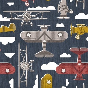Normal scale // Sky is the limit // hale navy background martini brown nugget yellow and apple blossom red vintage airplanes in the clouds // kids room boys nursery
