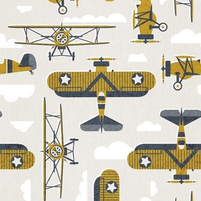 Normal scale // Sky is the limit // beige background hale navy and nugget yellow vintage airplanes in the clouds // kids room boys nursery