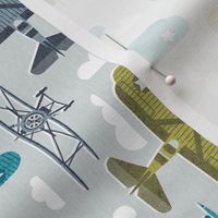 Small scale // Sky is the limit // bunny grey background hale navy bali blue split pea green and peacock blue vintage airplanes in the clouds // kids room boys nursery