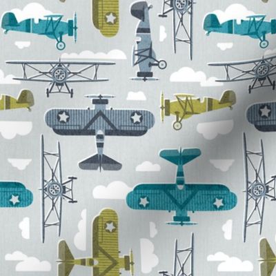 Small scale // Sky is the limit // bunny grey background hale navy bali blue split pea green and peacock blue vintage airplanes in the clouds // kids room boys nursery
