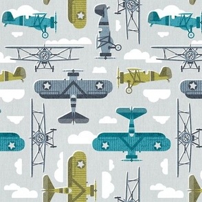 Small scale // Sky is the limit // bunny grey background hale navy bali blue split pea green and peacock blue vintage airplanes in the clouds // kids room boys nursery
