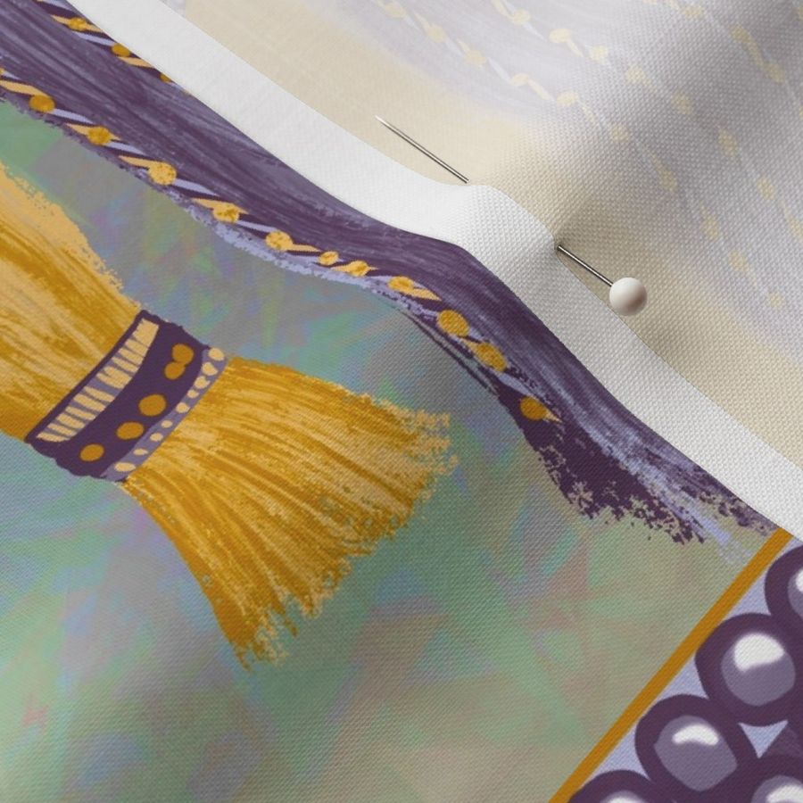 Passementerie, craft core tassels and braids honeycomb, yellow, lilac, purple, indigo stripes 15” repeat  border design