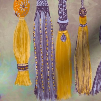 Passementerie, craft core tassels and braids honeycomb, yellow, lilac, purple, indigo stripes 15” repeat  border design