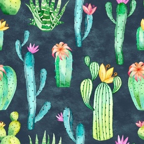 Large Scale Watercolor Cactus Succulent Flowers on Navy