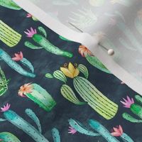 Small Scale Watercolor Cactus Succulent Flowers on Navy