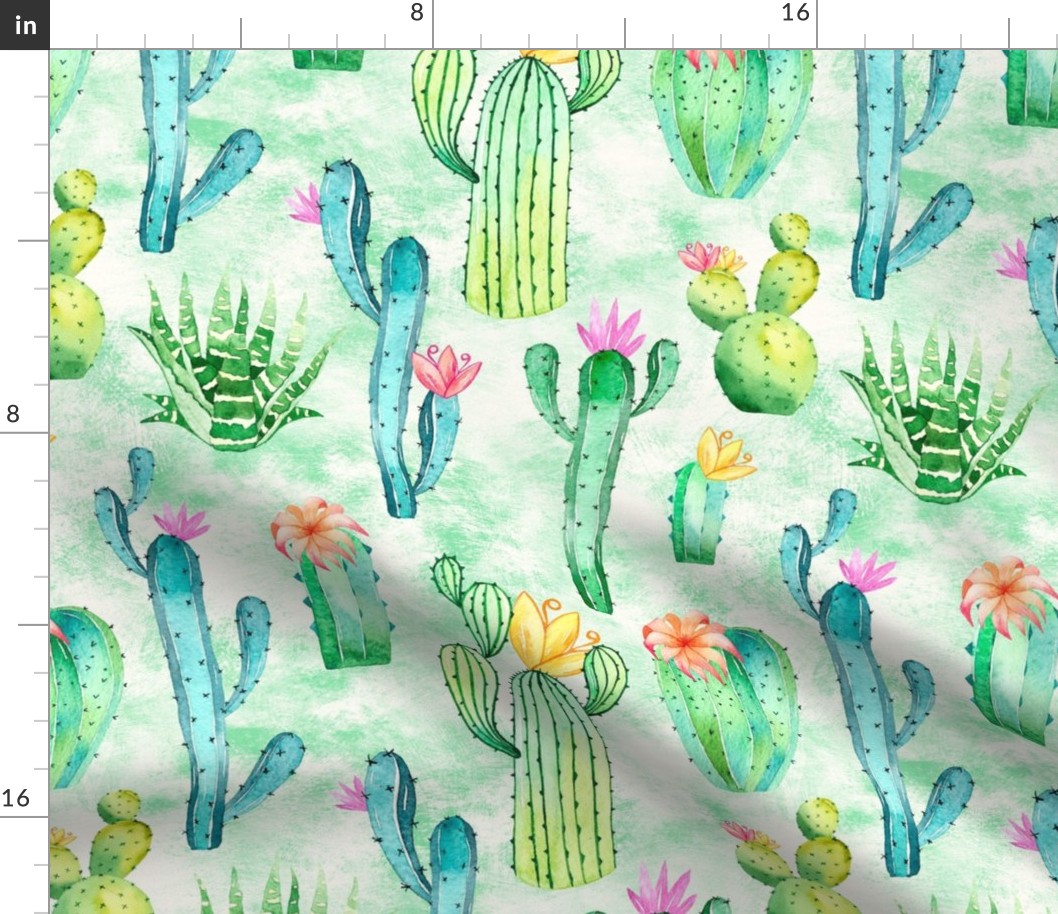 Large Scale Watercolor Cactus Succulent Flowers on Ivory