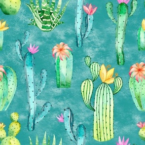 Large Scale Watercolor Cactus Succulent Flowers on Turquoise