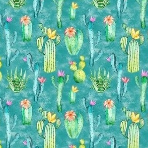 Small Scale Watercolor Cactus Succulent Flowers on Turquoise