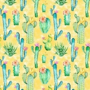 Small Scale Watercolor Cactus Succulent Flowers on Golden Yellow