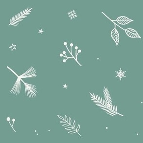 Soft sage green ditsy winter Christmas frost foliage snowflakes hand drawn