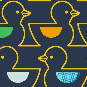 Rubber Duckie- Bathroom Wallpaper- Rubber Duck- Continuous Line Geometric Yellow Ducks- Kidult- Bold Golden Yellow on Petal Solid Navy Blue Background- Large