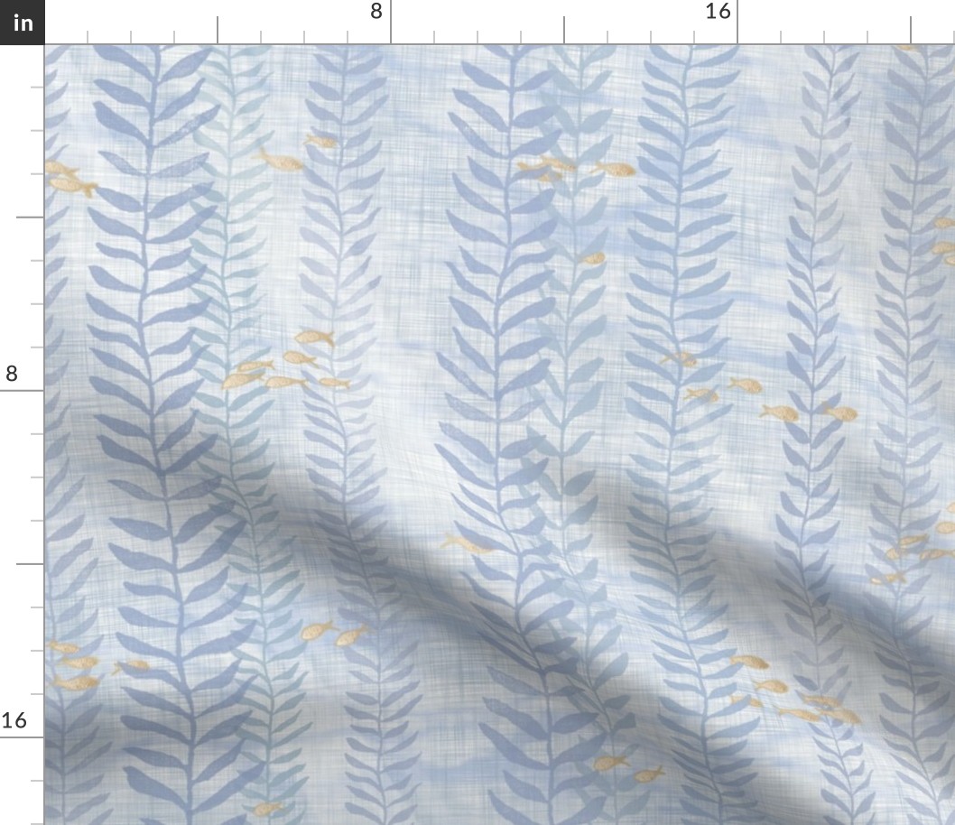 Kelp Forest in Mineral Blue and Pale Gold (xl scale) | Sunlight, seaweed and ocean fish, water fabric, sea fabric, coastal decor, bathroom wallpaper, pale blue neutrals with gilver.