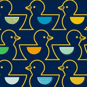 Rubber Duckie- Bathroom Wallpaper- Rubber Duck- Continuous Line Geometric Yellow Ducks- Kidult- Bold Golden Yellow on Navy Blue Background- Medium