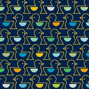 Rubber Duckie- Bathroom Wallpaper- Rubber Duck- Continuous Line Geometric Yellow Ducks- Kidult- Bold Golden Yellow on Navy Blue Background- Small