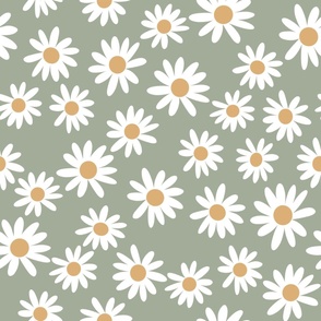 LARGE daisy fabric - y2k trendy floral fabric, hippie groovy floral - sage