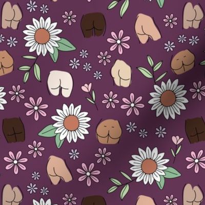 Boho booty body positive vibes - abstract butt design with sunflowers blossom leaves and tulips  summer lilac pink green on purple