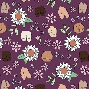 Boho booty body positive vibes - abstract butt design with sunflowers blossom leaves and tulips  summer lilac pink green on purple