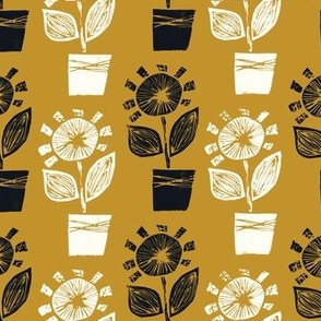 Block Print Flowers - mustard/graphite/natural